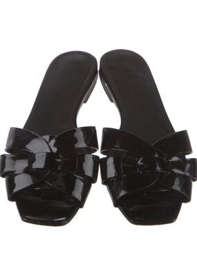 Yves Saint Laurent Black Patent Knotted Slide Sandals